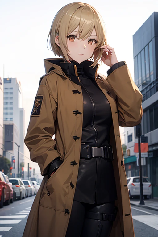 OTS-14、Orange eyes、Girls' Frontline 2、A slender、short blonde hair、Brown coat、high-level image quality、hightquality、Night Background、Los Angeles、Black inner、brown tactical coat、Cool pose、