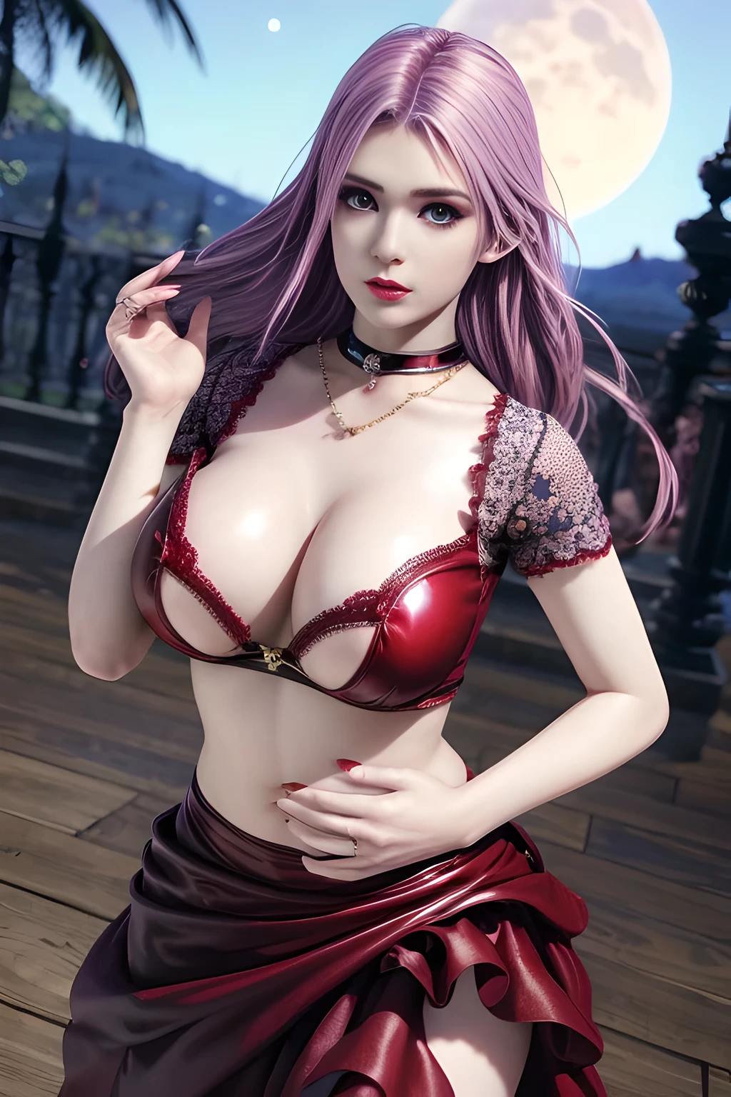 Desaturate Hue, 流行超Realistis,1 girl,Vampires, Elise,(Wear red and blue color style; floral lace layered skirt),jewely,Tattooed with,Redlip,(Glossy glossy skin:1.4),鎖骨,gigantic cleavage breasts,during night, full_themoon, As estrelas,(tmasterpiece:1.5), (Best quality at best:1.35),(Realistis:1.4), detailed,8K，computer graphics image processing,detailed头发,,Expressive eyes, s the perfect face, real fingers,depth of fields,Similar colors,a warm color palette,softlighting,low-contrast,hard shadows,full body,