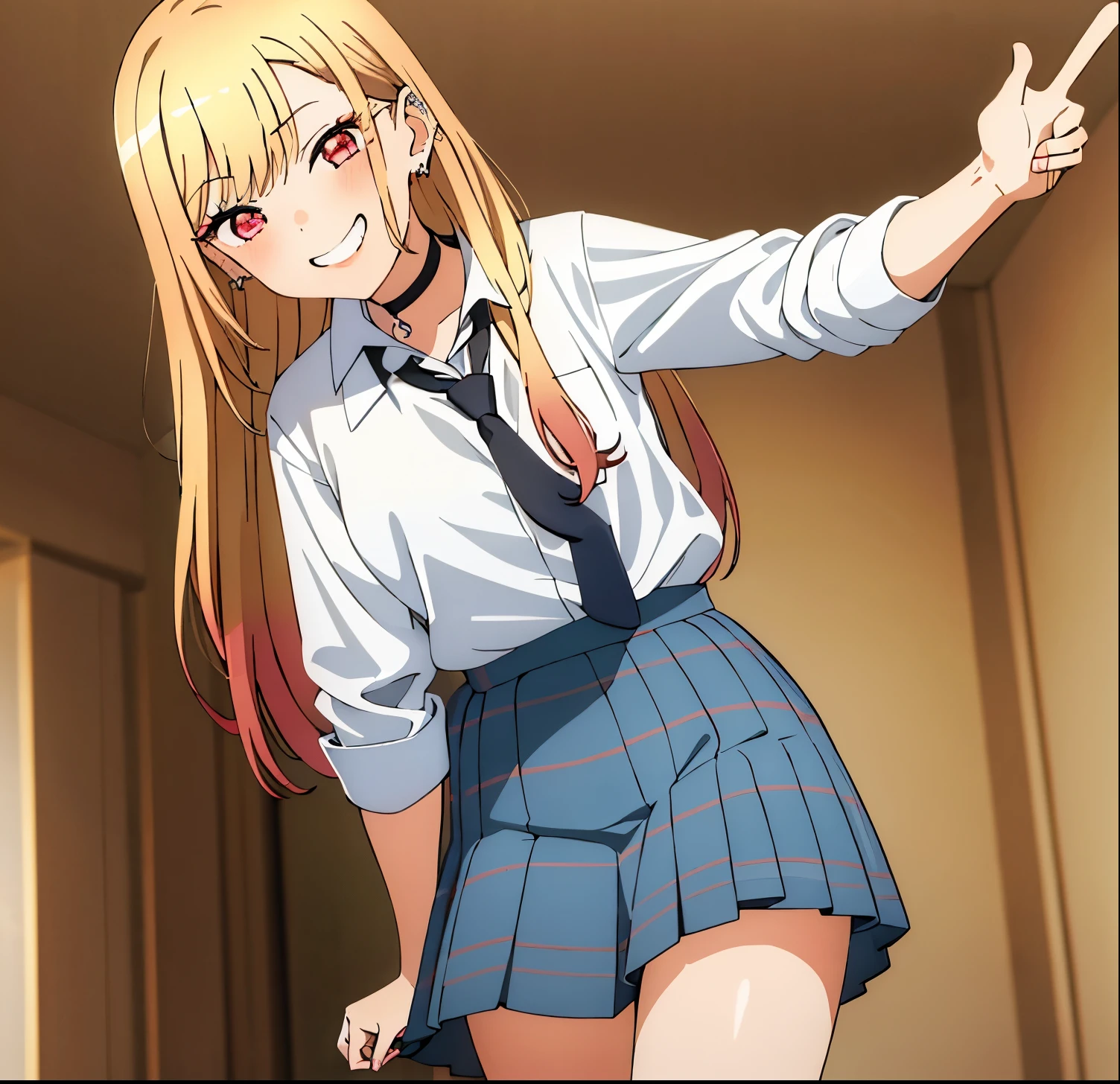 masterpiece, best quality, highres, kitagawa marin, 1girl, alone,blonde hair, long hair, multicolored hair, red eyes, jewelry, earrings, piercing, school uniform, white shirt, tied shirt, black choker, blue necktie, plaid skirt, leaning forward, grin, peace sign, good hands, good anatomy