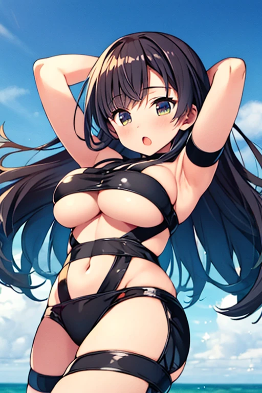 (masterpiece, best quality:1.2), cowboy shot, solo, 1girl, \:o, looking at viewer, arms behind head, hot limit, underboob