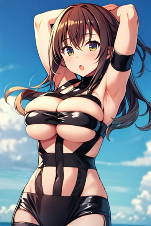 (masterpiece, best quality:1.2), cowboy shot, solo, 1girl, \:o, looking at viewer, arms behind head, hot limit, underboob