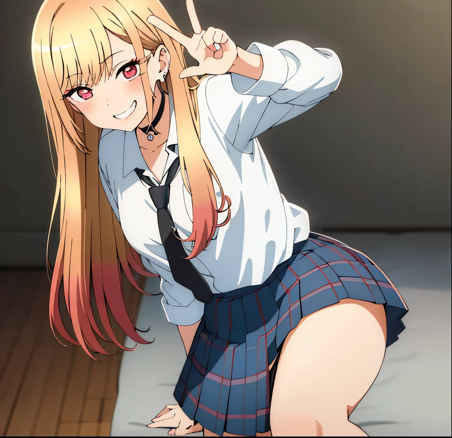 masterpiece, best quality, highres, kitagawa marin, 1girl, alone,blonde hair, long hair, multicolored hair, red eyes, jewelry, earrings, piercing, school uniform, white shirt, tied shirt, black choker, blue necktie, plaid skirt, leaning forward, grin, peace sign, good hands, good anatomy