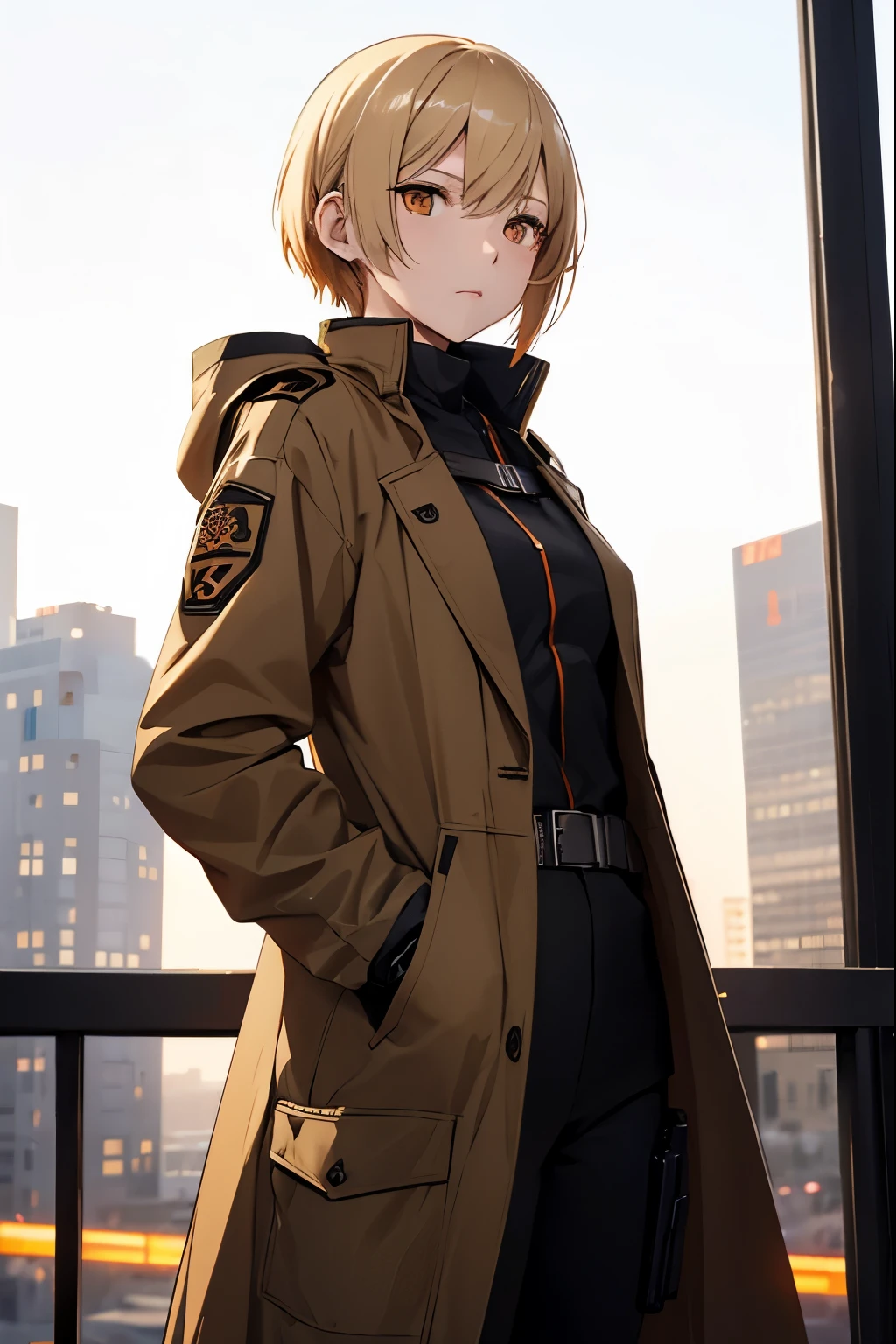 OTS-14、Orange eyes、Girls' Frontline 2、A slender、short blonde hair、Brown coat、high-level image quality、hightquality、Night Background、Los Angeles、Black inner、brown tactical coat、Cool pose、