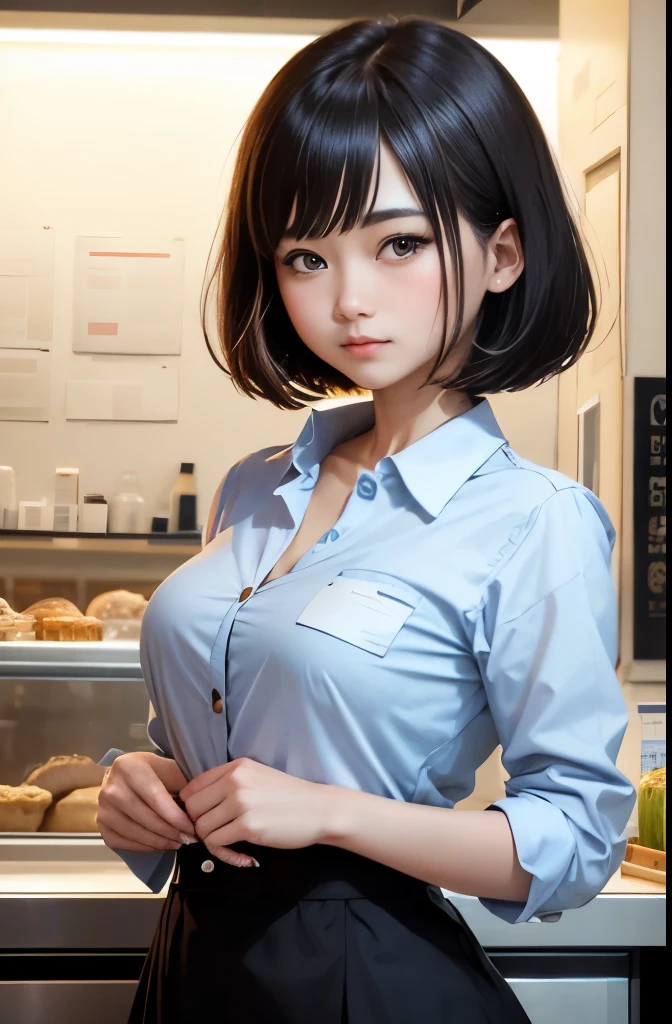 Hamburger shop clerk、Woman、bob cuts、cute little、Button shirt、tight、Chest is pounding
