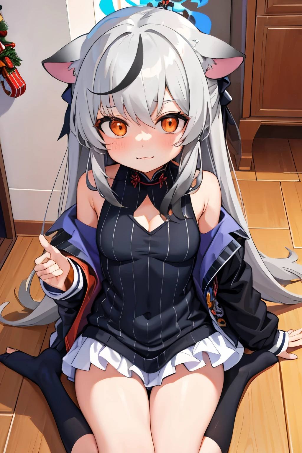 tmasterpiece， best qualtiy， ultra - detailed， 1girll，Gray hair Kokona， inside in room， Orange eye， ：3，the face,  closeup cleavage,  Christmas sweater, Christmas atmosphere
