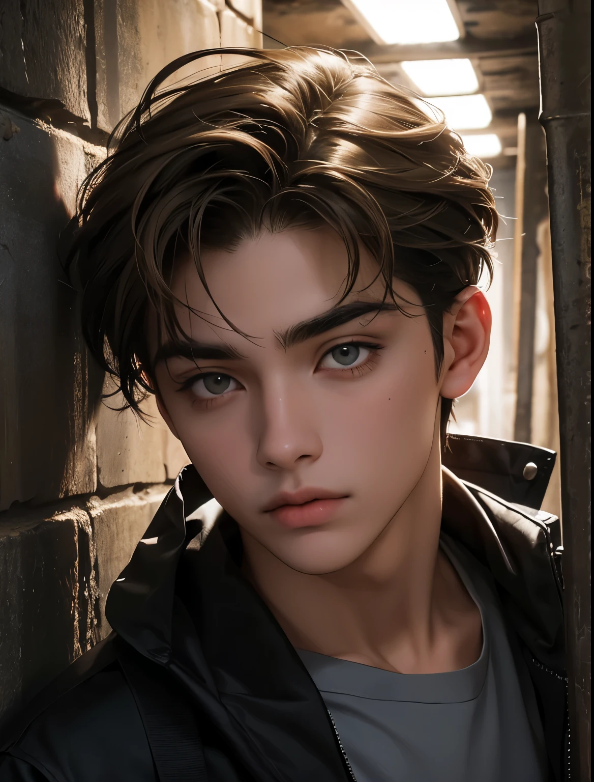chico realista con cabello rubio, ojos grises, peinado y con cabello ondulado, with exploration equipment, dentro de unas catacumbas de Paris, masculino, man in expedition clothing, 19 year old, dentro de las catacumbas, guapo, lindo, asiatic, pale-skin, asiatic, ojos asiatics, paisaje de catacumbas, cuevas, explorador, rubio ojos claros, cabello rubio platinado, cabello rubio, (blonde), tunel en ruinas, (old tunnel) grafitis, paredes con grafitis