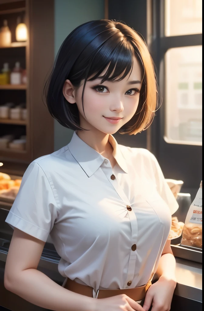 Hamburger shop clerk、校服、bob cuts、Beautuful Women、Feminine body shape、Button shirt、Tight、My chest is pounding、A detailed face、shinny skin、adorable smiling、Looking at Viewer、​masterpiece、High quality、24 year old