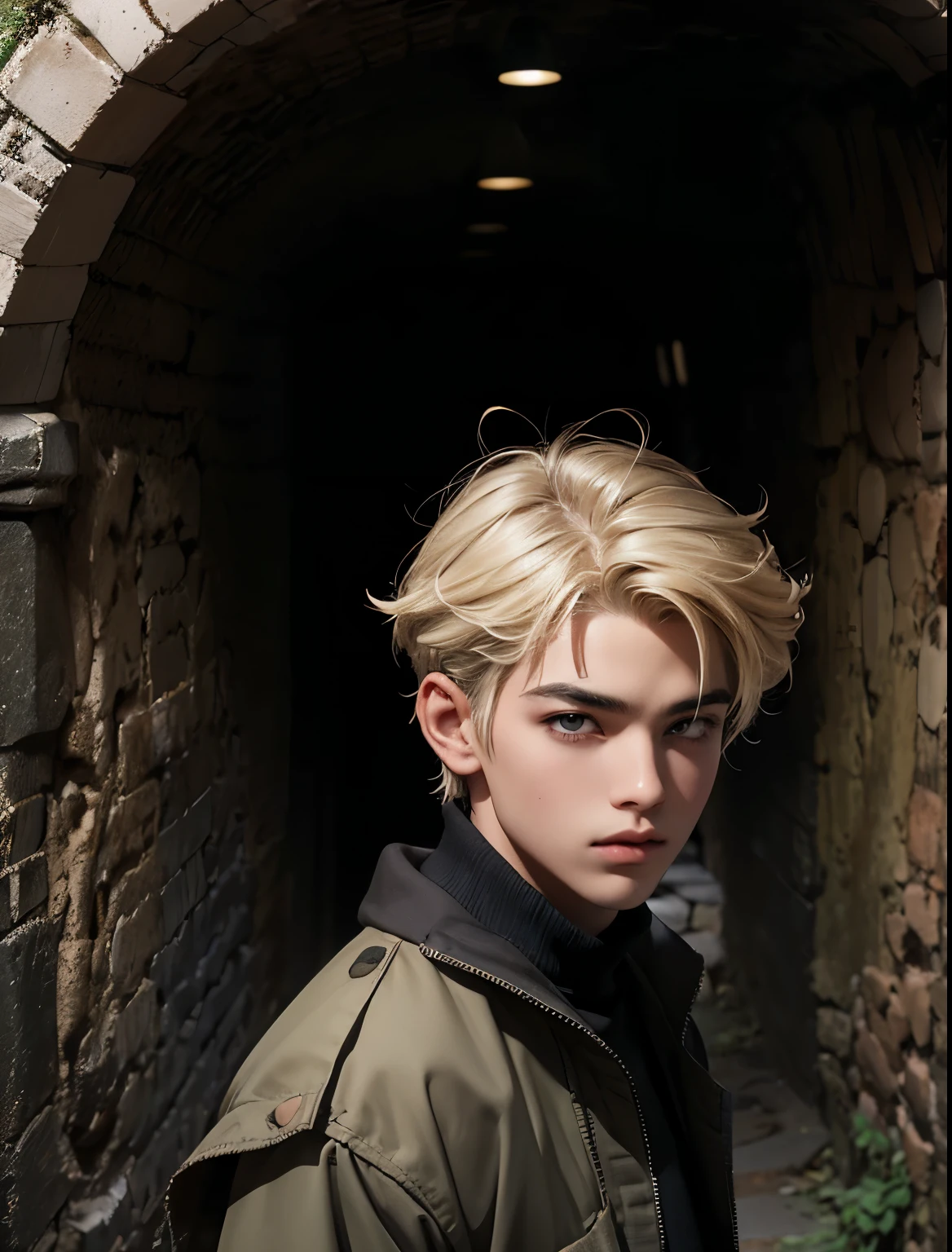 chico realista con cabello rubio, ojos grises, peinado y con cabello ondulado, with exploration equipment, dentro de unas catacumbas de Paris, masculino, man in expedition clothing, 19 year old, dentro de las catacumbas, guapo, lindo, asiatic, pale-skin, asiatic, ojos asiatics, paisaje de catacumbas, cuevas, explorador, rubio ojos claros, cabello rubio platinado, cabello rubio, (blonde), tunel en ruinas, (old tunnel) grafitis, paredes con grafitis