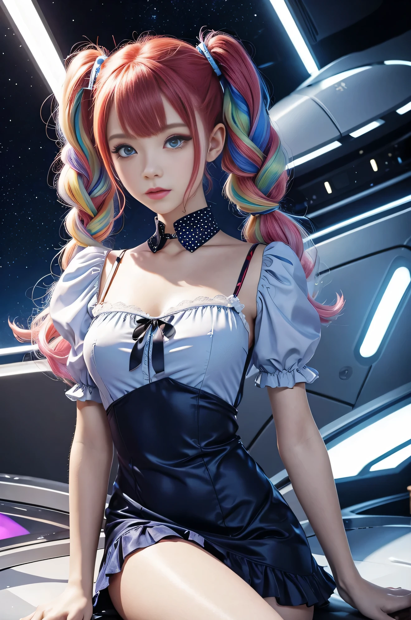 Cute redhead with rainbow colored hair tips, ribbons in her hair, 18-year-old woman, happy, in twin tails, perfect eyes, clear sparkling blue eyes, pale skin, silky smooth skin, piloting a fancy metal luxurious space ship, futuristic corridor, dark warm lighting, wearing a futuristic party dress, pleated (chemise) mini dress (pastel rainbow colors, and polka dots), puffy sleeves, silk, wearing full body pantyhose, cute short cut booties.