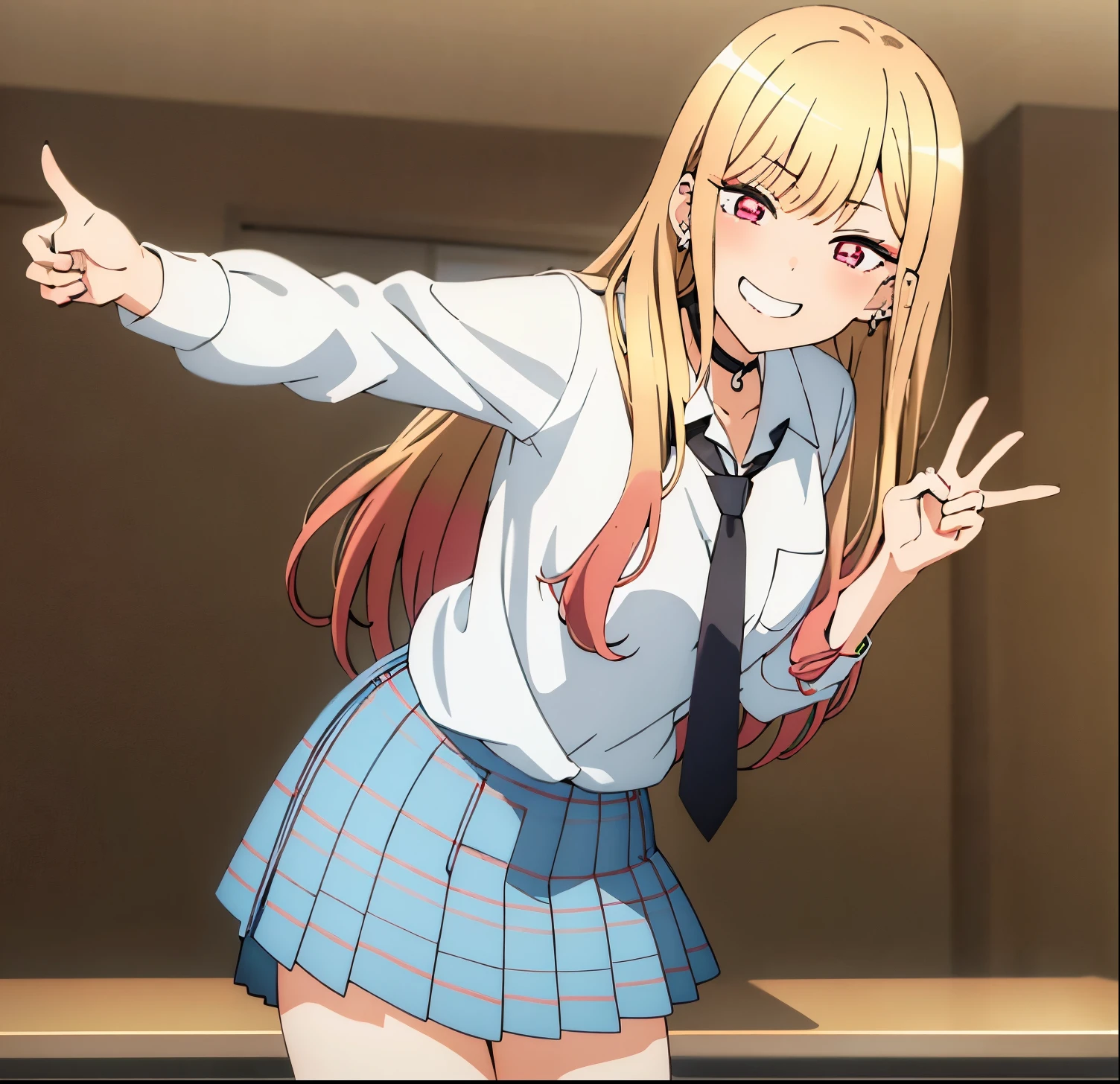 masterpiece, best quality, highres, kitagawa marin, 1girl, alone,blonde hair, long hair, multicolored hair, red eyes, jewelry, earrings, piercing, school uniform, white shirt, tied shirt, black choker, blue necktie, plaid skirt, leaning forward, grin, peace sign, good hands, good anatomy