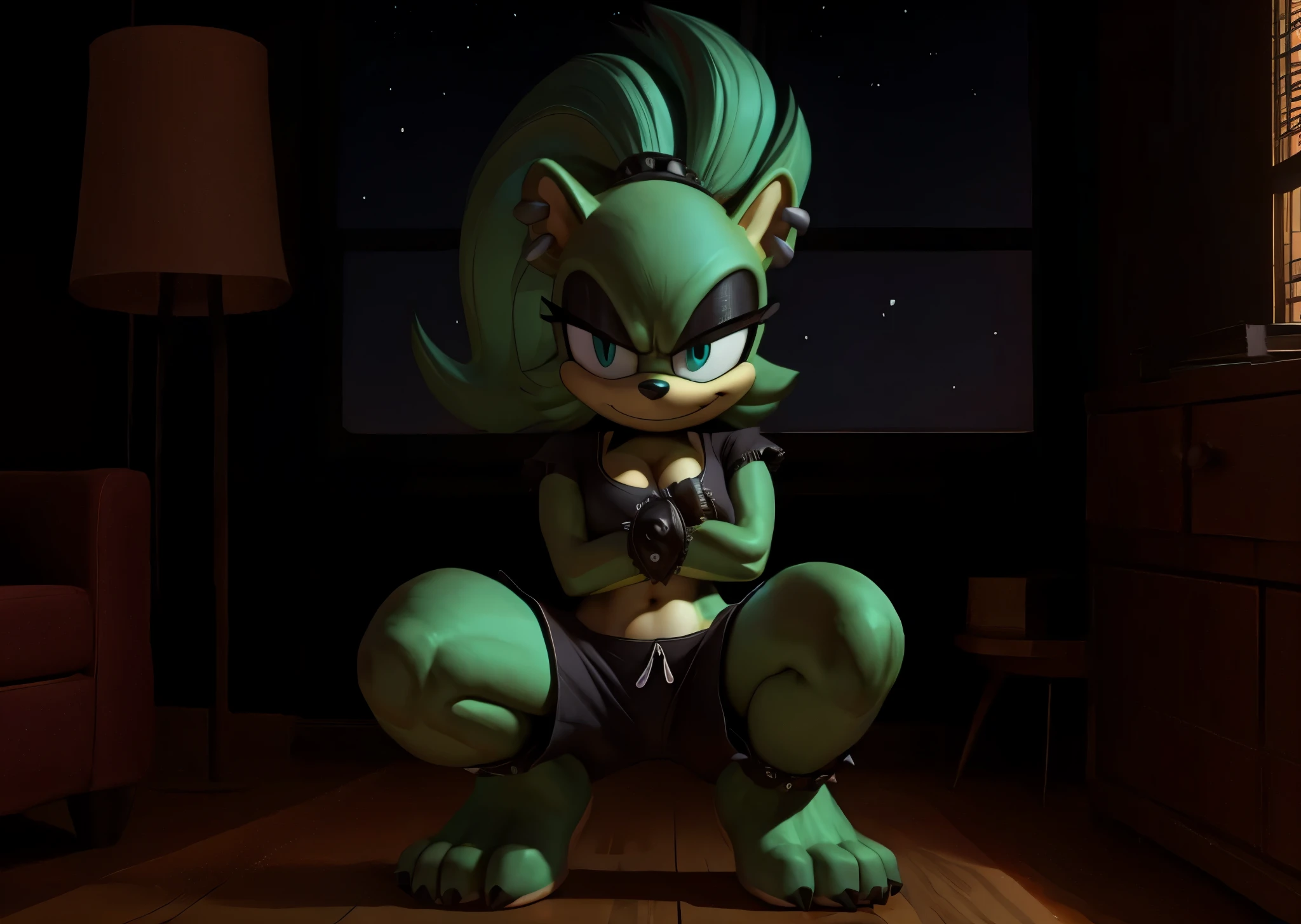 [surge the tenrec], [sonic the hedgehog], [Uploaded to e621.net; (Pixelsketcher), (wamudraws), (napalm_express)], ((masterpiece)), ((HD)), ((solo portrait)), ((front view)), ((full body)), ((feet visible)), ((detailed fur)), ((detailed shading)), ((cel shading)), ((beautiful render art)), ((intricate details)), {anthro, (slim figure), (green fur), black nose, animal ears, (cute teal eyes), (black eyeshadow), spiky hair, ponytail, short tail, (sharp black nails), (curvy hips), (thick thighs), (beautiful legs), (beautiful feet), (smug grin)}, {(black tee shirt), (frayed sleeves), (cleavage), (navel), (yellow lounge shorts), (spike bracers), (earrings)}, {(on floor), (squatting), (crossed arms), (legs spread open), (looking at viewer)}, [background; (living room), (lamp), (window), (nighttime), (starry sky), (ambient lighting)]