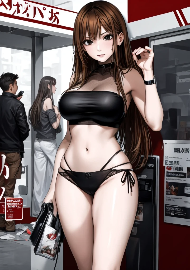 A beautiful adult woman with shoulder-length long hair, big breasts, beautiful legs, and a sharp face is provoking a middle-aged man in a suit at a convenience store wearing a black tube top that exposes her navel and hot pants shaped like black panties. standing。