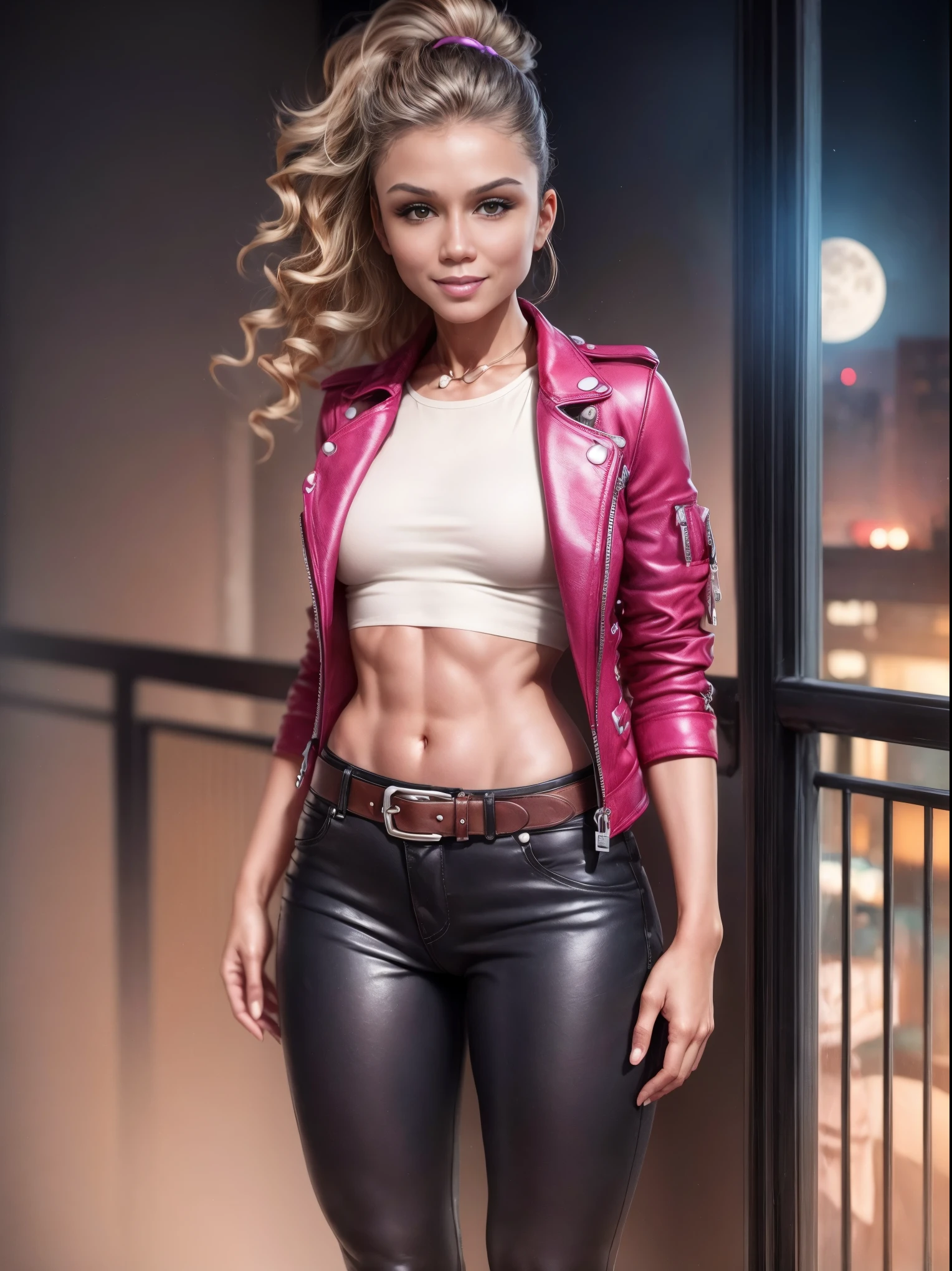 Super realistic, 4k, ((medium body shot)), (light smile), a woman Korean face with nice blonde style hair and magenta leather jacket, magenta leather pant, brown leather belt, brown leather glove and magenta high leather shoes and standing on top of building in the night with fog and super big green moon lighting and assassin cowboy style look.