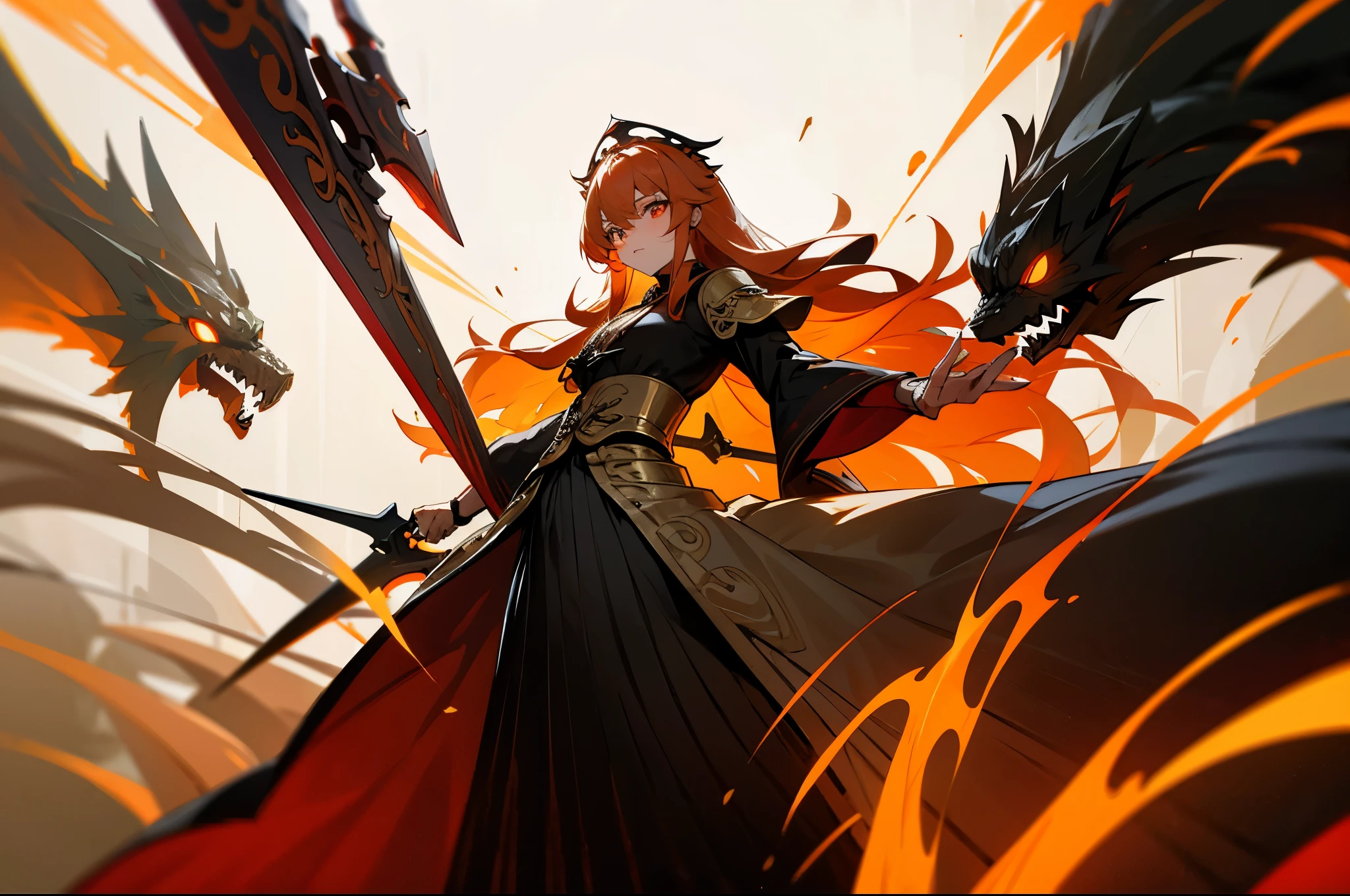 s girl，orange color hair，Gold armor，red striped，red color eyes，glowing light eyes，glowing light eyes，glowing light eyeuturistic，long whitr hair，hair straight，Loose hair，black long dress，Wielding a giant sword，fenghuang，firebird，Sense of oppression，Kamimei，dingdall effect，incredulous，One guy