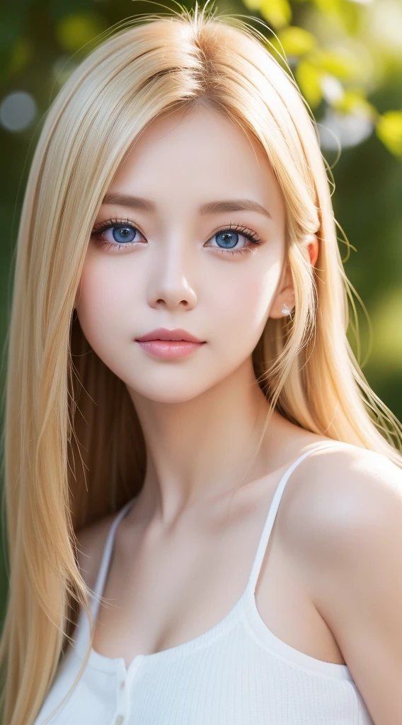 A very beautiful girl with long blonde hair that shines brightly.、Very beautiful bright and shining light blue big eyes、very big eyes、bangs between the eyes、masutepiece, Best Quality, Illustration, Ultra-detailed, finely detail, hight resolution, 8K Wallpaper, Perfect dynamic composition, Beautiful detailed eyes, Women's Fashion🍂,Medium Hair,small tits、Natural Color Lip, Bold sexy poses,Smirking expression,Harajuku、20 years girl、Cute、Sexy shot looking at camera、cheek gloss highlight、