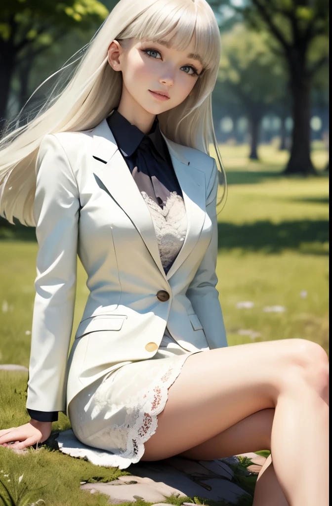 A clear day, Elegant photo of a girl in a blazer dress, (Puffy eyes:1.05), (White lace shirt), Platinum brown hair, (Anglebob:1.4), flat bangs, (Flowing hair), Smile slightly, Happy, Happiness, High detailed skin, Skin pores, Stunning innocent symmetry face, long eyelashes, Black eyeliner, Light Golden Eyeshadow,(Sit in the bunch), crosses_Legs, emotional, Wind, Park, Trees, tussock, masutepiece, Best Quality, Photorealistic,