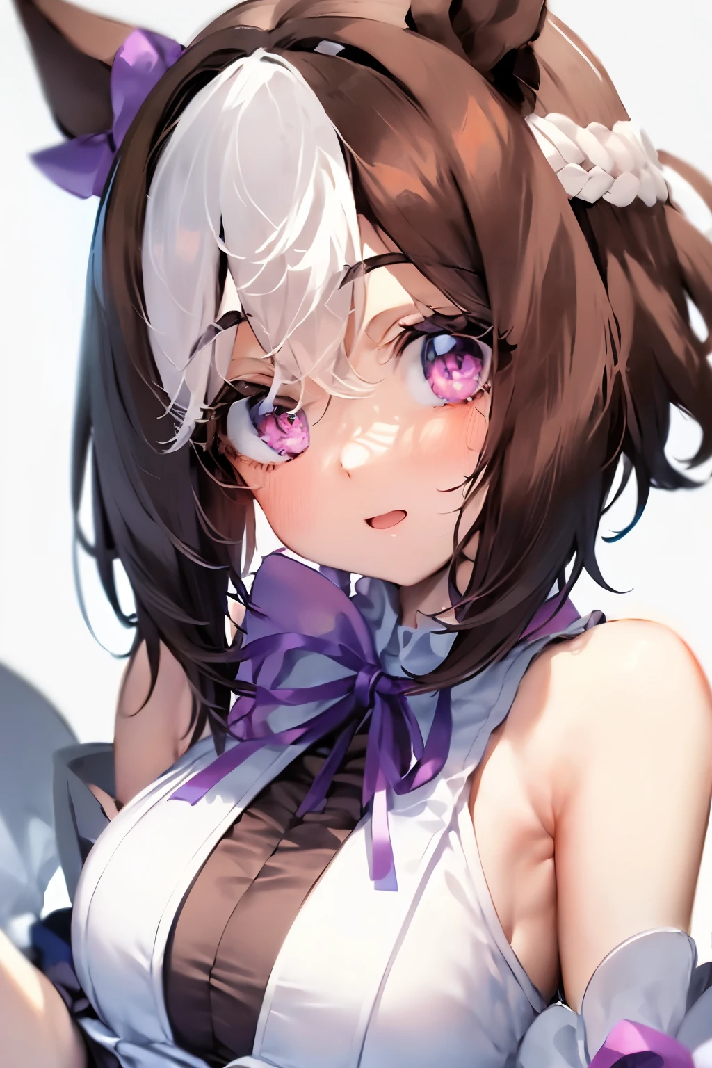 special_week_\(Umamusume)、bow ribbon、bow ribbon、bow ribbon、corsets、Fluffy breasts、nursing、toppless、teats、The upper part of the body、(Refers to the viewer:1.3)、Happiness、(White background:1.5)、(front-facing view:1.3)