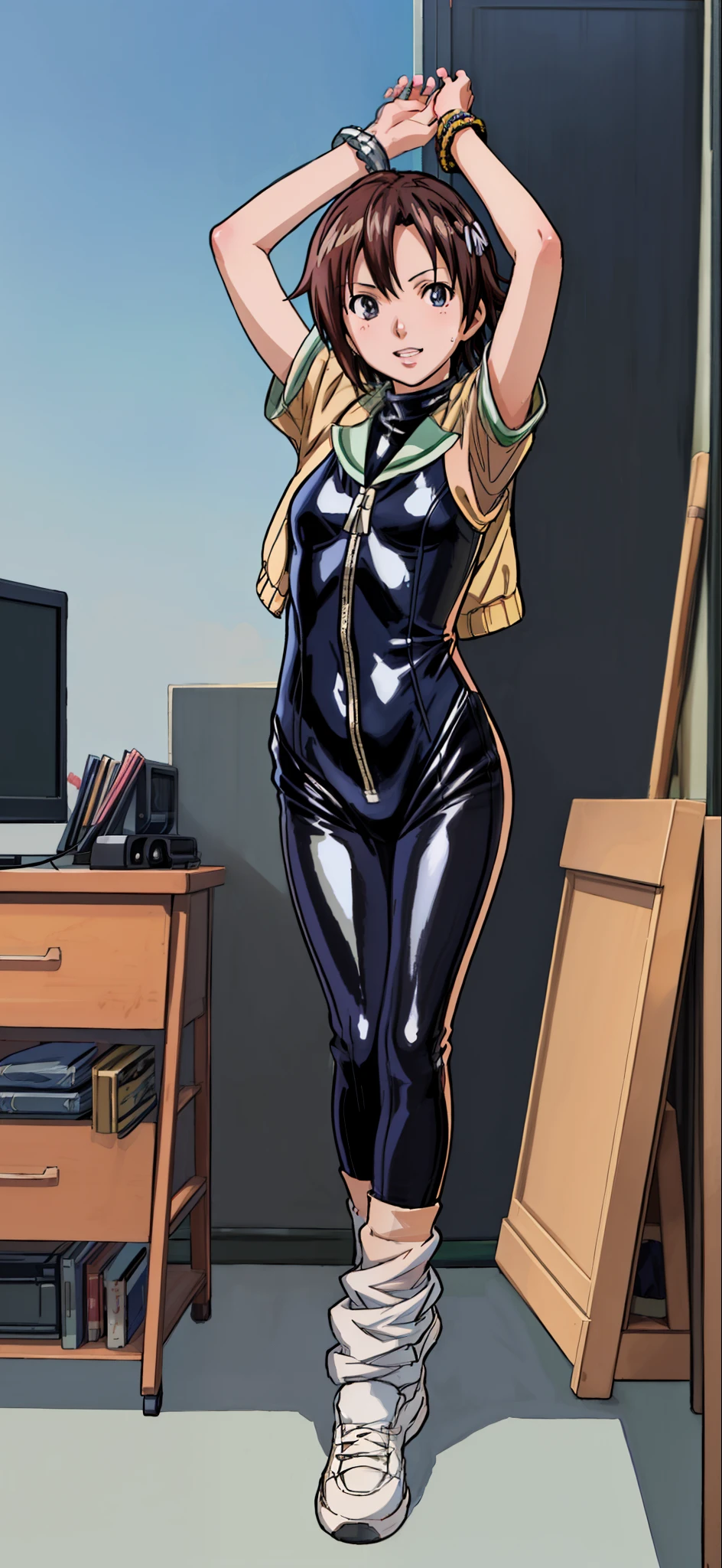((Full body photo, standing, on the floor))KittyPryde_Shadowcat_ownwaifu, 1girl, brown hair, ponytail, lipstick, blue eyes, makeup, hair ornament, red lips, long hair, breasts, high ponytail, hair bobbles, medium breasts, gloves, belt, bodysuit, yellow gloves, absurdres, ultra detailed, masterpiece, best quality, aesthetic, detailed,