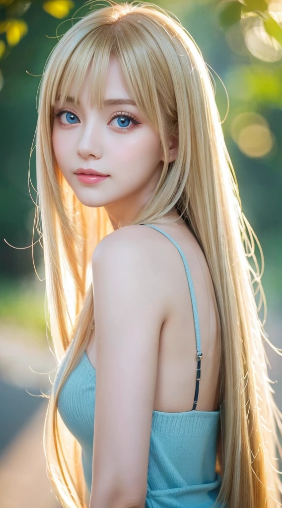 A very beautiful girl with long blonde hair that shines brightly.、Very beautiful bright and shining light blue big eyes、very big eyes、bangs between the eyes、masutepiece, Best Quality, Illustration, Ultra-detailed, finely detail, hight resolution, 8K Wallpaper, Perfect dynamic composition, Beautiful detailed eyes, Women's Fashion🍂,Medium Hair,small tits、Natural Color Lip, Bold sexy poses,Smirking expression,Harajuku、20 years girl、Cute、Sexy shot looking at camera、cheek gloss highlight、