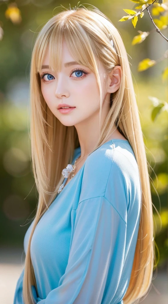 A very beautiful girl with long blonde hair that shines brightly.、Very beautiful bright and shining light blue big eyes、very big eyes、bangs between the eyes、masutepiece, Best Quality, Illustration, Ultra-detailed, finely detail, hight resolution, 8K Wallpaper, Perfect dynamic composition, Beautiful detailed eyes, Women's Fashion🍂,Medium Hair,small tits、Natural Color Lip, Bold sexy poses,Smirking expression,Harajuku、20 years girl、Cute、Sexy shot looking at camera、cheek gloss highlight、