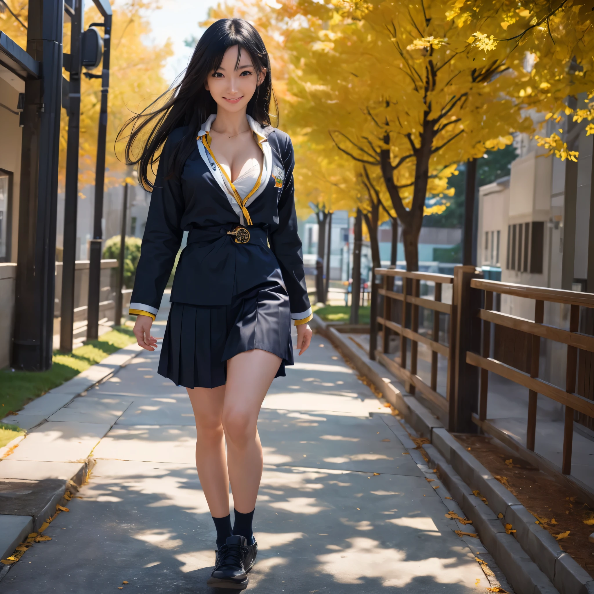 (best quality,4k,8k,highres,masterpiece:1.2),ultra-detailed, Japanese Goddess Amaterasu as a college student, Black hair, Blue school uniform with yellow accents, walking around college campus, smiling at viewer, undressing, breasts exposed, seducing viewer, HDR, 8k, absurdres, cinestill 800, sharp focus