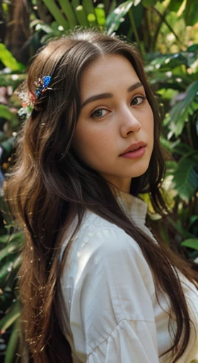 (best quality,ultra-detailed,photorealistic),young woman,beautiful eyes,detailed lips,pensive expression, soft lighting,vibrant colors, long flowing hair, stylish traditional outfit, jungle background,colorful flowers,natural sunlight,serene atmosphere, hourglass figure, 4k details, crying face, full body pose