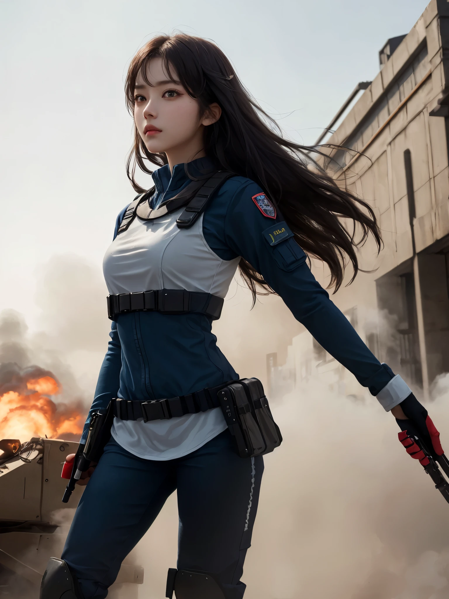 (1girl in:1.3), Solo, (((Very detailed face)))), ((Very detailed eyes and face)))), Beautiful detail eyes, Body parts__, Official art, Unified 8K Wallpaper, Beautiful and beautiful, Beautiful, masutepiece, Best Quality, Original, masutepiece, Super Fine Photo, Best Quality, 超A high resolution, Realistic realism, Sunlight, Full body portrait, Amazing beauty, Dynamic Pose, Delicate face, (Bright eyes from the front), She wears a combat suit, black with one -point red color scheme, women military uniform, Very detailed abandoned warehouse background, Detailed face, Detailed complex busy background, Messy, Gorgeous, Milky White, highly detailed skin, Realistic skin details, Visible Pore, Clear focus, Volumetric fog, 8K UHD, High quality, Film grain, Fair skin, photorealisim, Lomography, futuristic dystopian giant metropolis, Explosion smoke,emergency siren,In battle with the enemy,tense look,tense situation,Combat helicopter,Well-formed beautiful face,Oriental,Korea person,Super beautiful girl in her 10s,A girl full of spirit,Rushing through danger as a rescue worker,strong-willed woman,Strong Woman,former mercenary,fighting professional,Duties: Relief activity team leader,Clearing blue sky,A precious girl who defends the holy war with a pure heart.,Transport the minimum necessary medical equipment,Angle photo from below,Rin, the symbol of battle々Shishi Face,kawaii faces,CLC Yujin,ive Yujin,