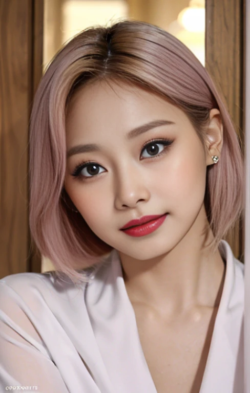 top-quality、​masterpiece、超A high resolution、Photorealsitic、Raw foto、1girl in、A sexyな外見、Hair on the shoulders、The lower half is curled and sauvage、Cute smile like a model、Hair color is blonde、Ordinary high heels、Eyes are double、Wearing mascara、モデルのようなkawaiiポーズ、Clear face、Gorgeous like a model、Ultimate Beauty、Cute smile、A slight smil、TWICEのツウィみたいなrenな顔、masuter piece、Best Quality、Cold winter clothes、ren、kawaii、lyin in bed、A sexy、Exposed thighs、an lingerie、lipstick is dark pink、
