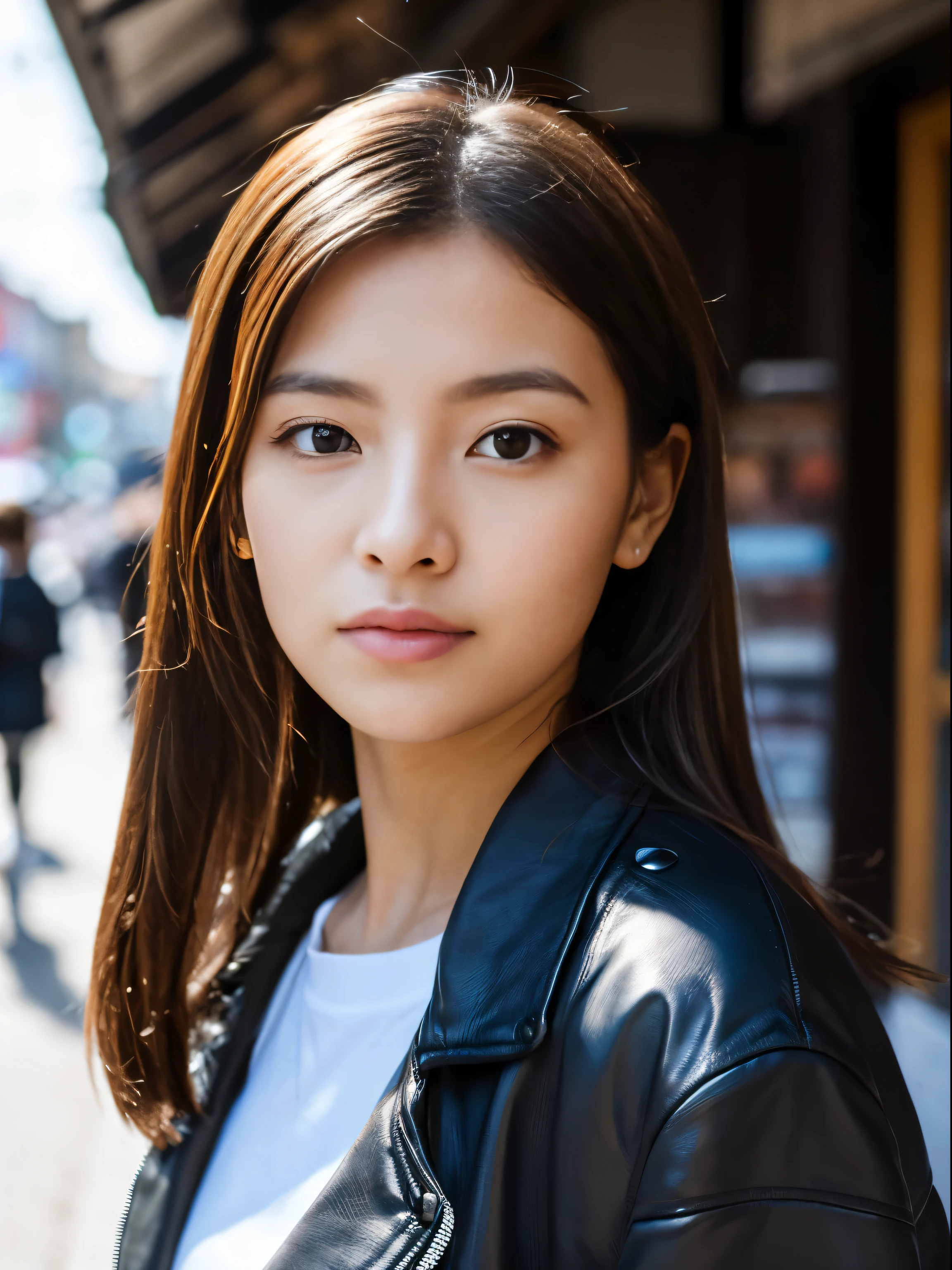 High-quality images，(Black Riders Jacket:1.1), (masutepiece, Best Quality, Pretty girl, Beautiful face, 8K, Raw photo, Photorealistic, absurderes:1.2), teens, Cowboy Shot, Dutch Angle, face lights, Film grain, chromatic abberation, hight resolution, ultra-detailliert, finely detail, Light blue ruffled lace dress, Detailed skin, eyes and face, Sharp pupils, Realistic pupils, foco nítido, Please use the street corner as a background..，