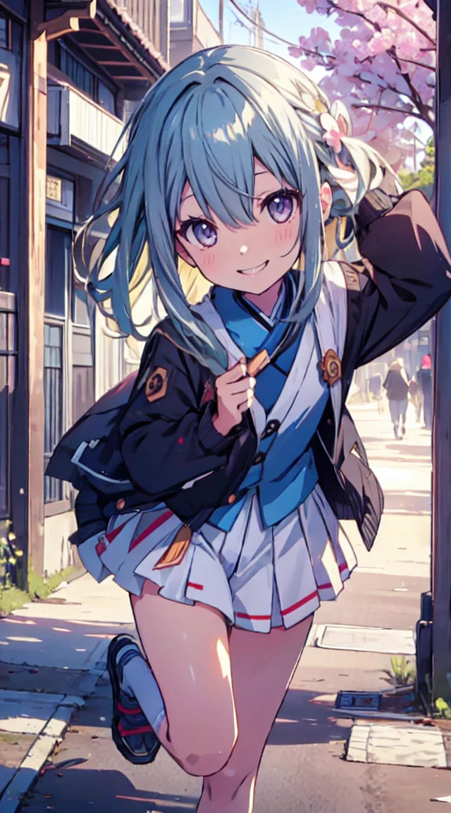 masutepiece, Best Quality,Illustration, Wallpaper, ultra -detail, 1loli、♡、Futomo、Strike a pose with a cheerful smile、校服、In the street