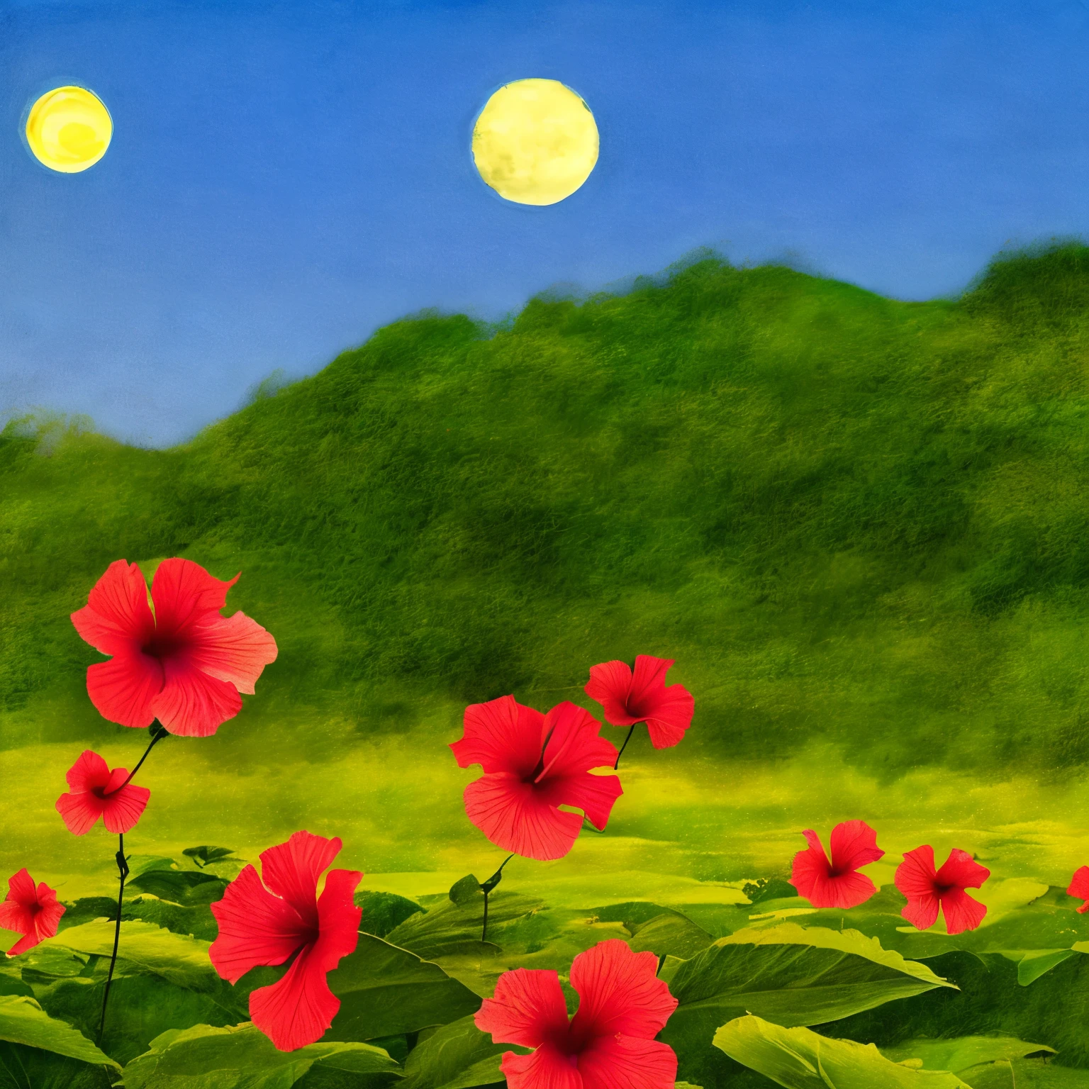 a field of hibiscus flowers with low hills. red moon as day blood, celestial blue sky, predominant red and blue white, lime green. (( boy with blonde hair picking hibiscus)). painting of UHD sketch.