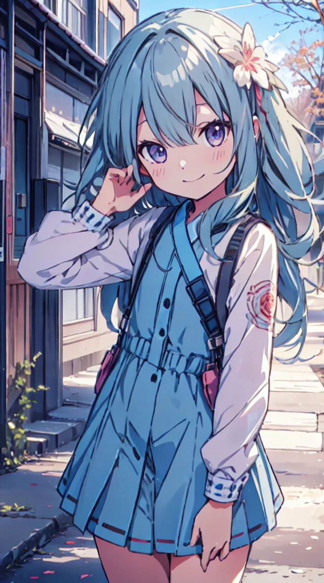 masutepiece, Best Quality,Illustration, Wallpaper, ultra -detail, 1loli、♡、Futomo、Strike a pose with a cheerful smile、校服、In the street