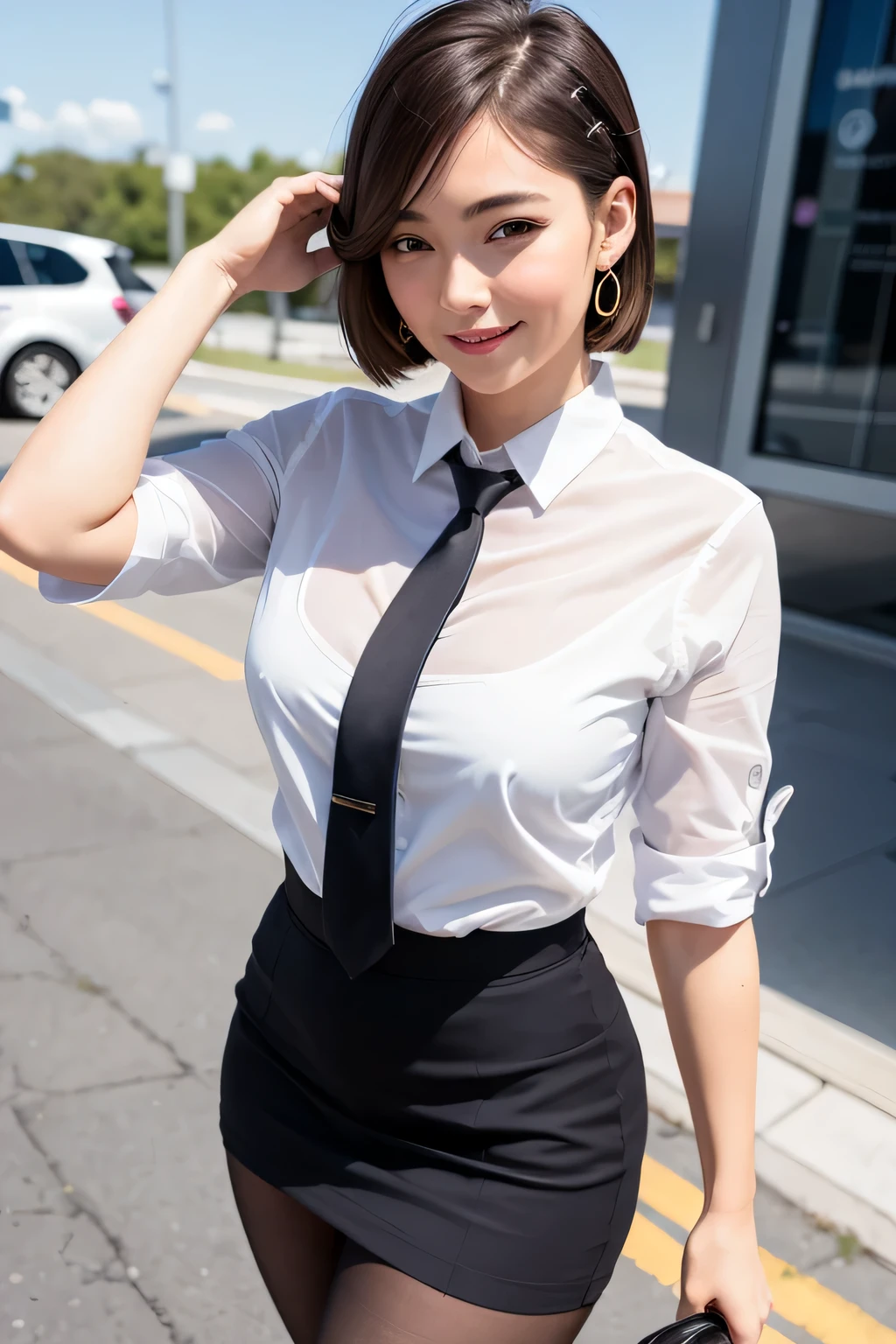 (8k, best quality, masterpiece:1.2), (realistic, photo-realistic:1.37), ultra-detailed, 1 girl, full body, outdoors, (adjusting hair:1.5) office lady, black officeblazer, officeskirt, (pantyhose:1.2), (short buttoneddownshirt:1.2), buttonedupcollarprim, buttoneddowncollarprim, bra, (pantyhose:1.2), alphalayers, highheels, beautiful earrings, cute, solo, beautiful detailed sky, (smile:1.15), (closed mouth), small breasts, beautiful detailed eyes, business attire, (short hair:1.2), floating hair