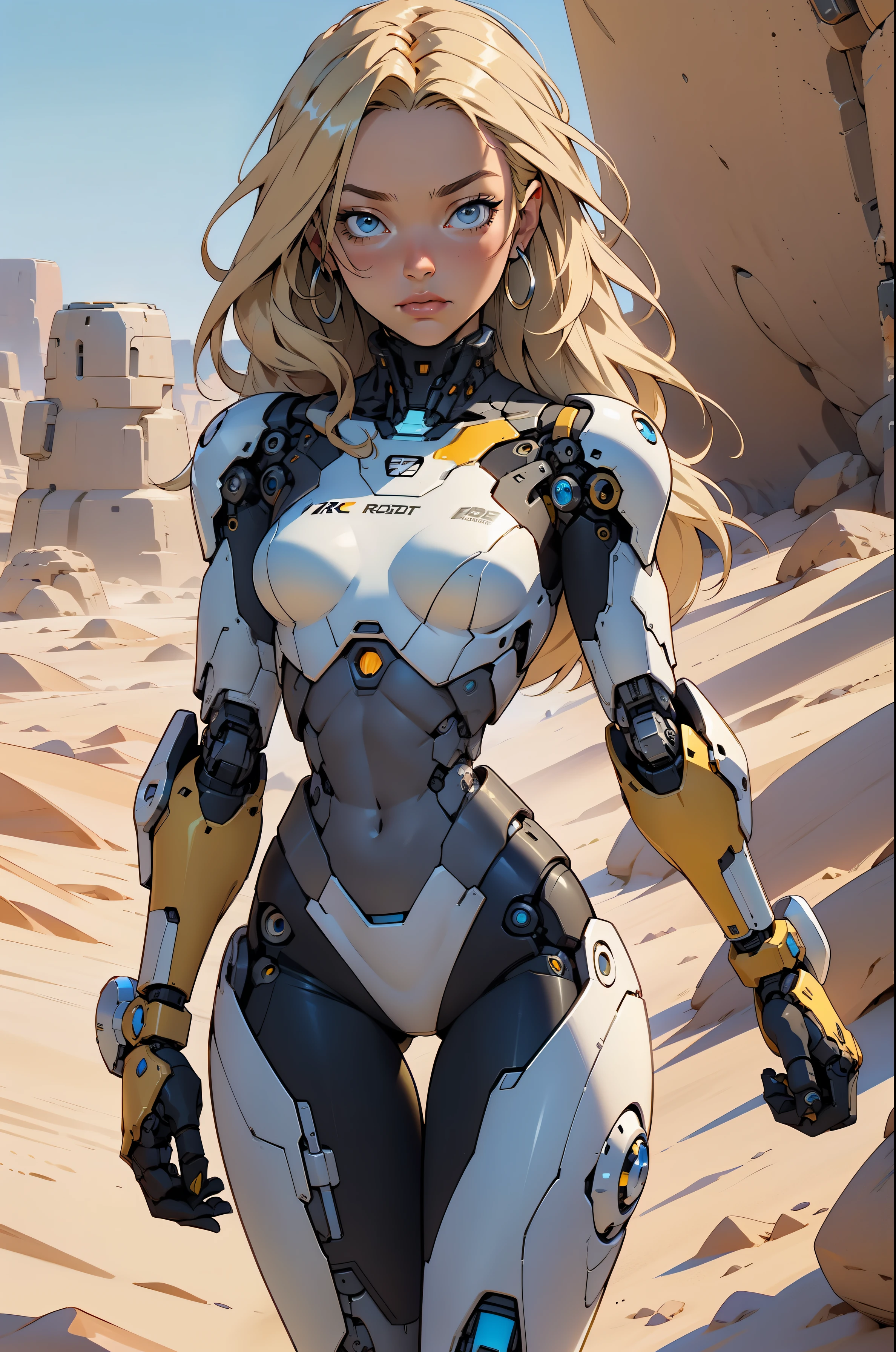 high quality, 4k, masterpiece, beautiful, cyborg girl, cowboy shot, dull eyes, looking at viewer, long blonde hair, girl, small breasts, fit thigh, robotic arms, robotic body, cyborg body, yellow accent, intricate detail, joint, detailed lines, robotic detail, holding fist up, holding hand up as fist, color robotic parts, robotic parts with color, perfect fingers, on a desert planet, sunny background, colorful desert,
