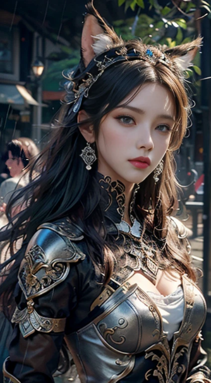 a woman in a black dress, fox ears, realistic Art Station, hard raining scene, Detailed Fantasy Art, Stunning Character Art, beautiful Exquisite Character Art, Beautiful black Armor, Extremely Detailed, black armor Girl, Exquisite Intricate Headdress and Jewelry, whole body capture