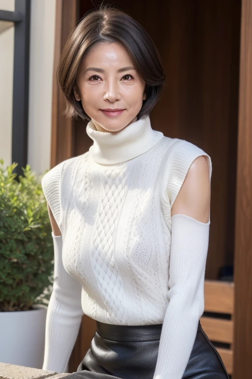 Best Quality, hight resolution, Hires, Skin definition, Detailed skin, Detailed eyes, Detailed face, 4K, 日本人A MILF, ((独奏)), (((50 years old))), (Wrinkles at the corners of the eyes:1.6), (nasolabial folds:1.3), A MILF, glamor, A sexy, Chromo-white skin, ((Wavy Shorthair)), Looking at Viewer,(((my skin is old))), ((muscles are old)), (((A slender))), ((Saggy udder)), (Saggy buttocks), ((Japanese Models)), 4K, (photoRealistic:1.5), Realistic, nffsw, Beautiful, Bimbo, Perfect makeup, small diamond necklace, piercings, ((Brown coat, White turtleneck sweater, sleeveless, Argyle pattern pleated skirt, Black long boots )), ssmile, Public places,Full body photo,