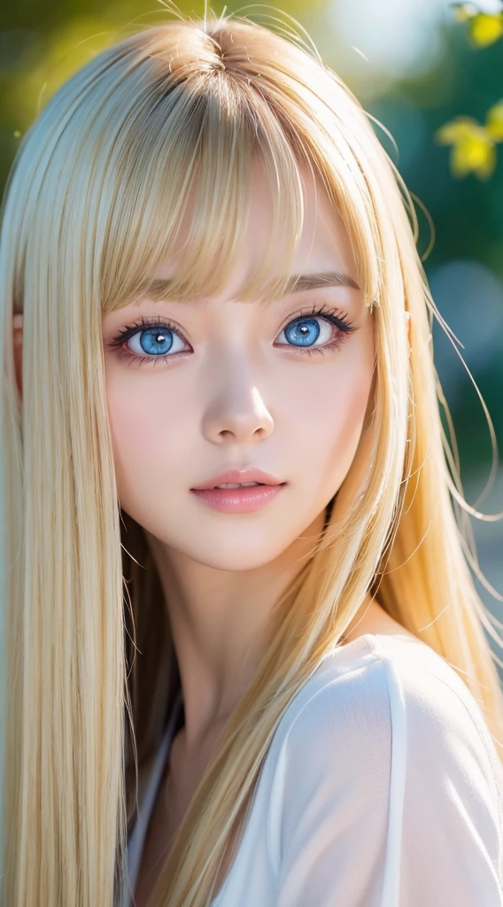 A very beautiful girl with long blonde hair that shines brightly.、Very beautiful bright and shining light blue big eyes、very big eyes、bangs between the eyes、masutepiece, Best Quality, Illustration, Ultra-detailed, finely detail, hight resolution, 8K Wallpaper, Perfect dynamic composition, Beautiful detailed eyes, Women's Fashion🍂,Medium Hair,small tits、Natural Color Lip, Bold sexy poses,Smirking expression,Harajuku、20 years girl、Cute、Sexy shot looking at camera、cheek gloss highlight、