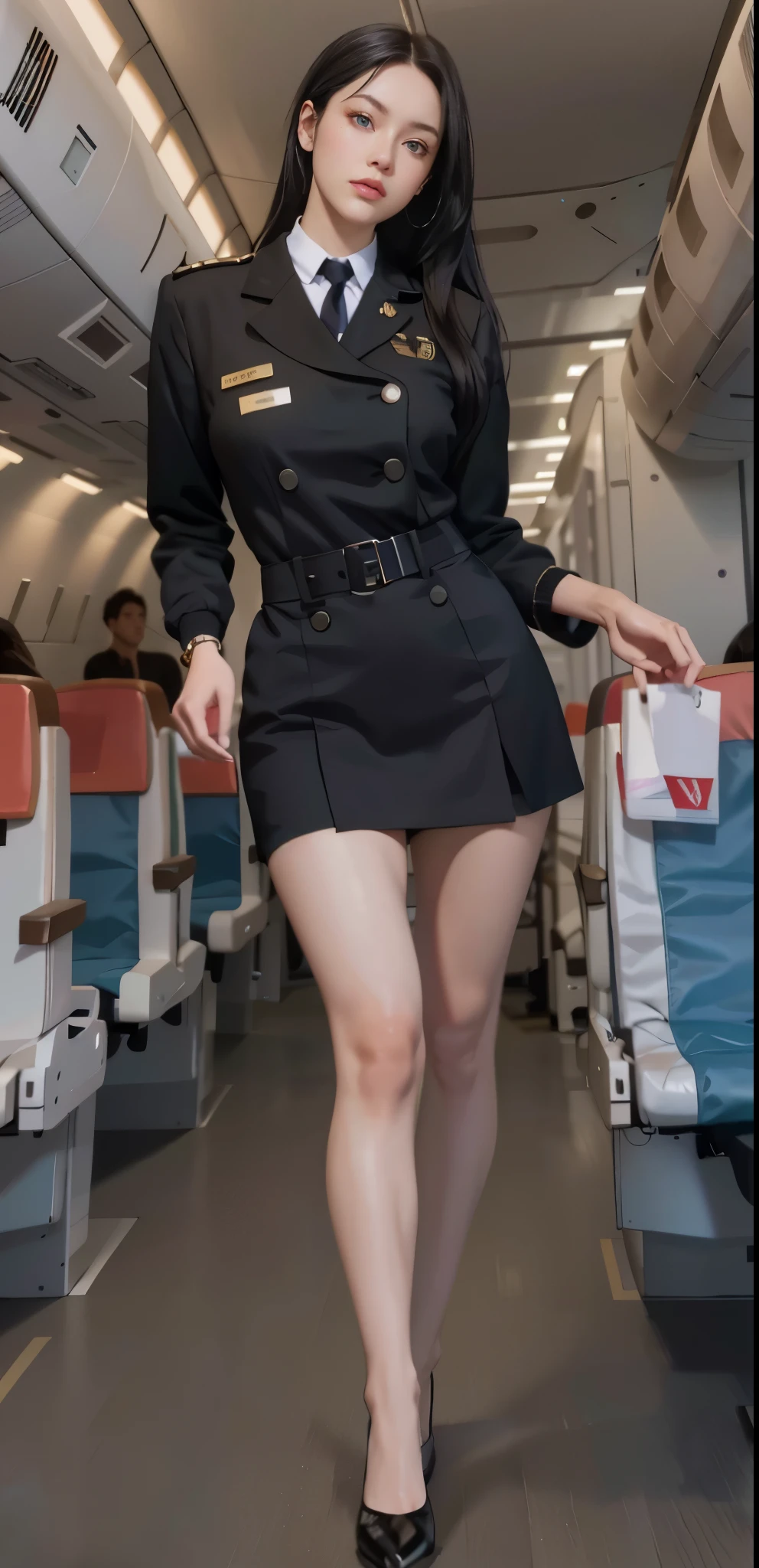 realistic, 1 women, best quality, 12k, HD, long hair, big round breasts, cleavage, ponytail, necklace, jewelry, shorts, short jacket, slim hips, hair tie, yellow eyes, black hair, super detailed, Eye details, hair details, person details, mouth details, face details, breast details, clothes details, hair details, pants details, hand details, whole body