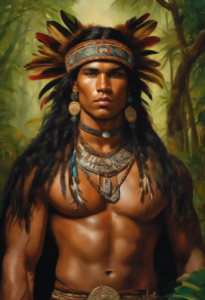 Painting of A strong and masculine young man ((man)), ((a most beautiful caboclo in the world)), 18 years old, indigenous, ((full body)), ((strong body, muscular legs)), ((headdress indigenous man with colorful feathers on his head)), long black hair, braided over his shoulders, ((green panther eyes, magnetic)), ((square face and sunken chin)), ((strong warrior expression)), (( hypnotic beauty)), sexy and hot, indigenous body paintings, body and beauty of a God, half-naked ((wearing wild animal skin)), ((in the background a sacred temple in the middle of a forest on a moonlit night full )), ((baroque painting style)), ((with panthers and jaguars))
