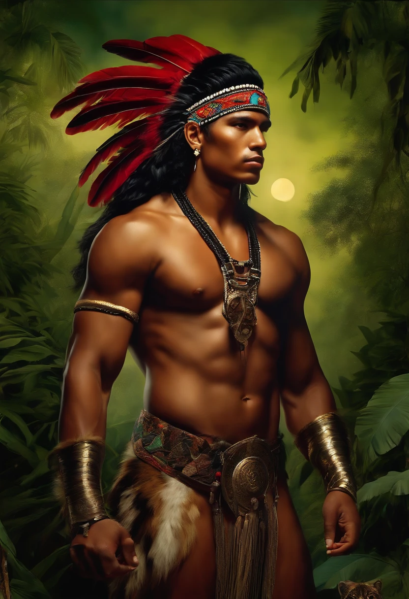 Painting of A strong and masculine young man ((man)), ((a most beautiful caboclo in the world)), 18 years old, indigenous, ((full body)), ((strong body, muscular legs)), ((headdress indigenous man with colorful feathers on his head)), long black hair, braided over his shoulders, ((green panther eyes, magnetic)), ((square face and sunken chin)), ((strong warrior expression)), (( hypnotic beauty)), sexy and hot, indigenous body paintings, body and beauty of a God, half-naked ((wearing wild animal skin)), ((in the background a sacred temple in the middle of a forest on a moonlit night full )), ((baroque painting style)), ((with panthers and jaguars))
