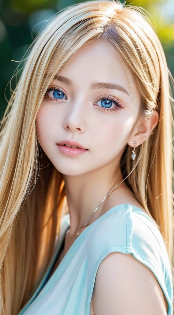 A very beautiful girl with long blonde hair that shines brightly.、Very beautiful bright and shining light blue big eyes、very big eyes、bangs between the eyes、masutepiece, Best Quality, Illustration, Ultra-detailed, finely detail, hight resolution, 8K Wallpaper, Perfect dynamic composition, Beautiful detailed eyes, Women's Fashion🍂,Medium Hair,small tits、Natural Color Lip, Bold sexy poses,Smirking expression,Harajuku、20 years girl、Cute、Sexy shot looking at camera、cheek gloss highlight、
