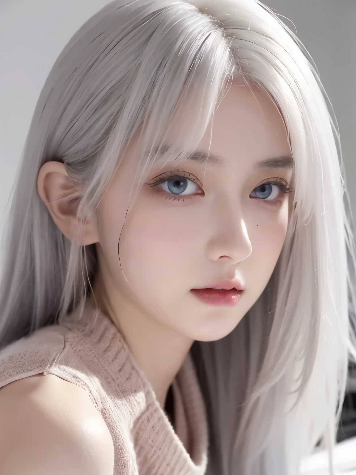 Be a girl with pink skin, pretty eyes (red eyes) as deep as the night sky, Half sad face lying on the table, White hair, looking at you, With anime/Semi-realistic art style