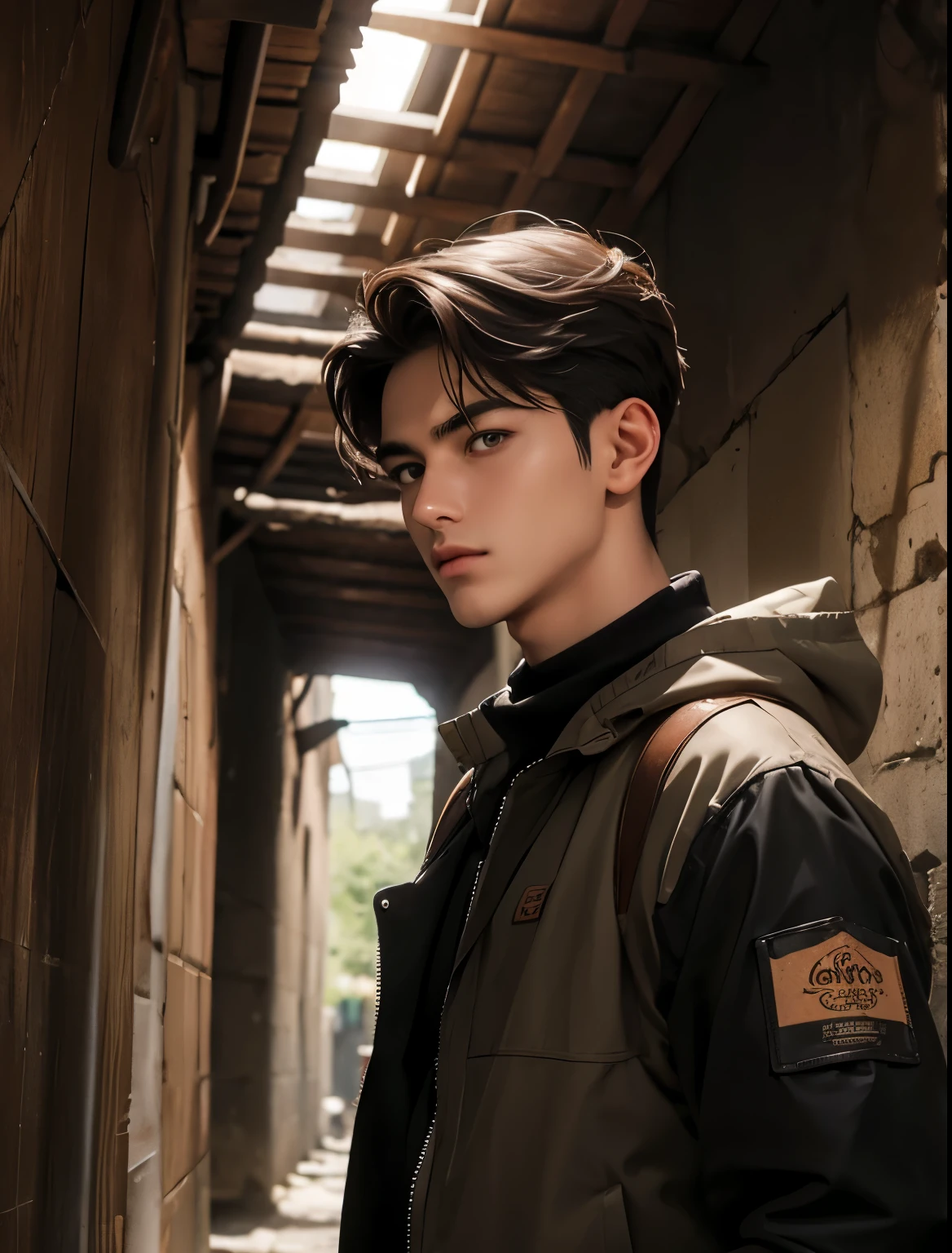 chico realista con cabello chestnut, ojos grises, peinado y con cabello ondulado, with exploration equipment, dentro de unas catacumbas de Paris, masculino, man in expedition clothing, 19 year old, dentro de las catacumbas, guapo, lindo, asiatic, pale-skin, asiatic, ojos asiatics, paisaje de catacumbas, cuevas, explorador, chestnut ojos claros, cabello chestnut platinado, cabello chestnut, (chestnut), tunel en ruinas, (old tunnel) grafitis, paredes con grafitis