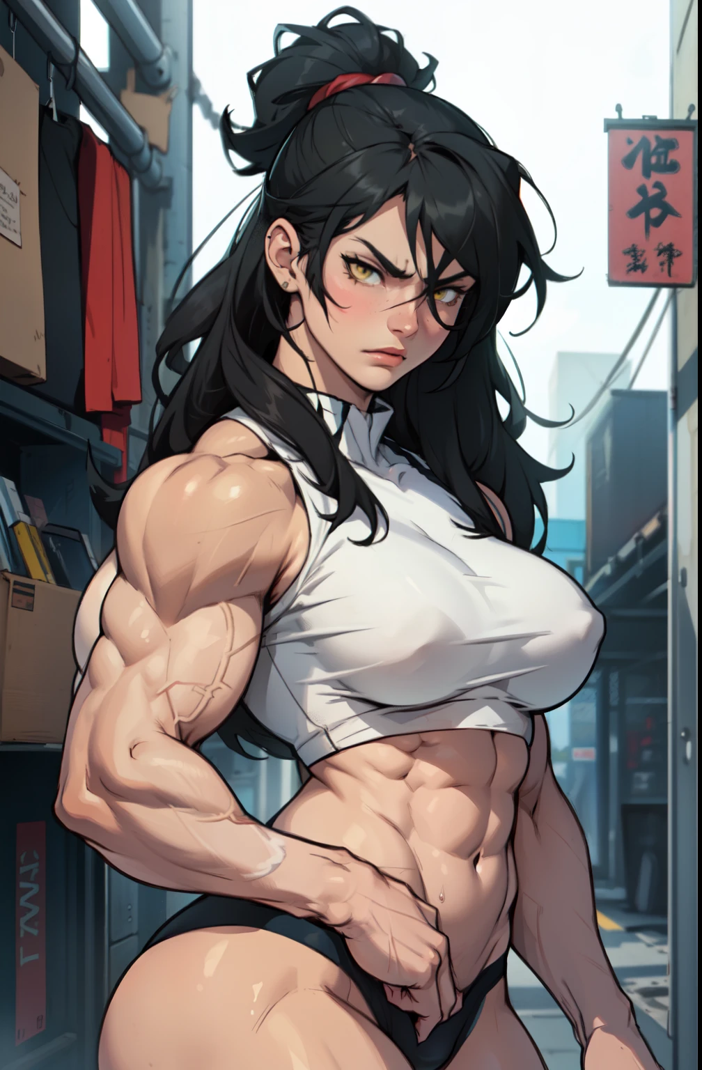 (((((muscular girl thick breasts))))) angry pale skin black hair yellow eyes best quality
