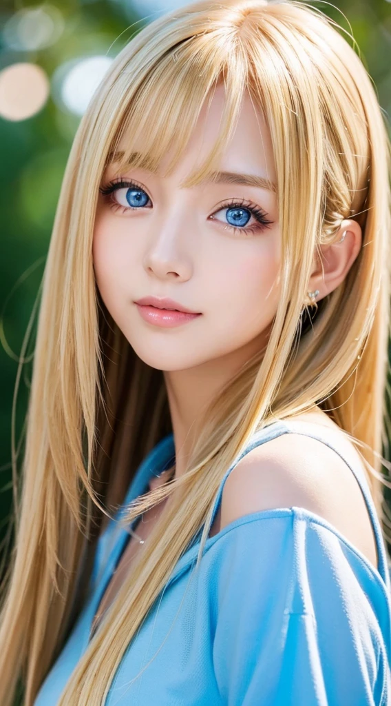 A very beautiful girl with long blonde hair that shines brightly.、Very beautiful bright and shining light blue big eyes、very big eyes、bangs between the eyes、masutepiece, Best Quality, Illustration, Ultra-detailed, finely detail, hight resolution, 8K Wallpaper, Perfect dynamic composition, Beautiful detailed eyes, Women's Fashion🍂,Medium Hair,small tits、Natural Color Lip, Bold sexy poses,Smirking expression,Harajuku、20 years girl、Cute、Sexy shot looking at camera、cheek gloss highlight、