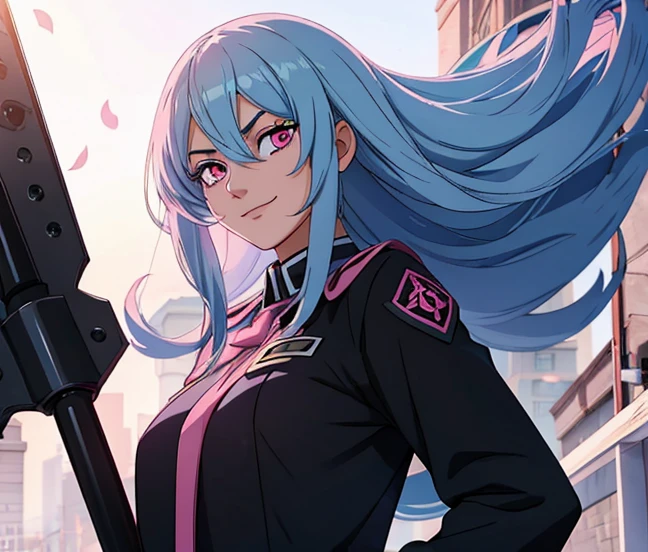 Female, high school student, long light blue hair, black eye lashes, pink eyes, black academy uniform, wields massive scythe, small smile, fantasy setting.