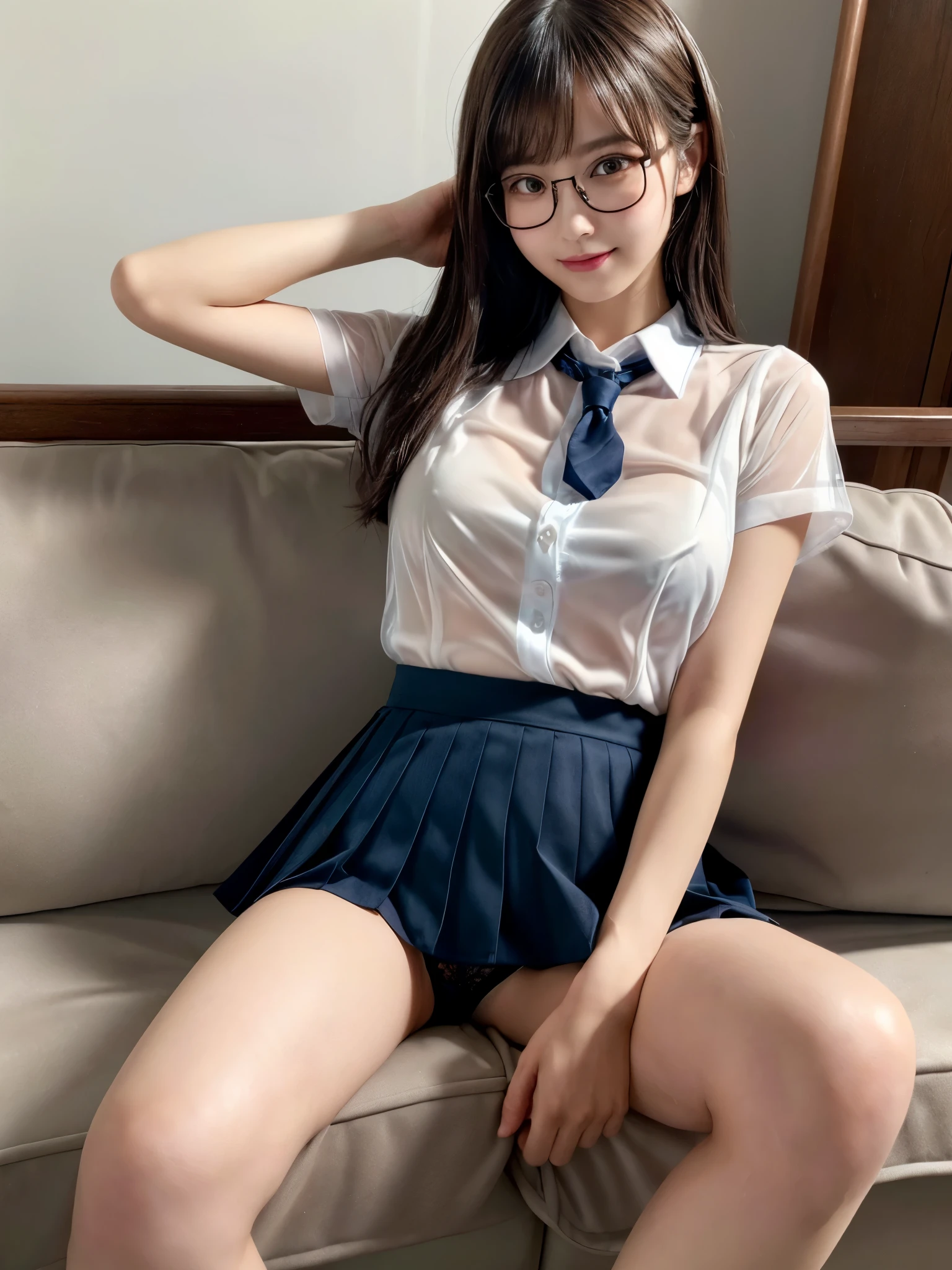 (8k, RAW photo, best quality, masterpiece, ultra detailed, beautiful:1.2), (realistic, photo-realistic:1.5), sharp focus, depth of field, blur background, bokeh, soft light,
1 Japanese idol with fake glasses, 18 years old, (extremely detailed face, extremely detailed shiny brown eyes with highlight: 1.2), random stylish fake glasses, (detailed deep black hair:1.2), (detailed pale skin, porcelain skin), naughty smile, blush, sweat, from below, looking at viewer, (school uniforms, see-through shirt: 1.2), (leaning forward, sitting on a sofa, spread legs, panty lift: 1.2), big breasts, cute blue detailed lace panties, sexy pose, , (bare legs), cozy modern room