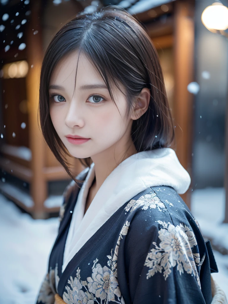 (Kimono)、(Light makeup)、(top-quality,​masterpiece:1.3,超A high resolution,),(ultra-detailliert,Caustics),(Photorealsitic:1.4,RAW shooting,)Ultra-realistic capture,（32ｋ,high detal,high-detail、​masterpiece,Attention to detail,full body Esbian,独奏,Lori：1.6),Raw photo & realistic atmosphere,beautiful dark blue eyes,Detailed mouth,Glossy lips,Detailed eyebrows,Eyes drawn in detail with soft white skin that shines with every detail)、、 (Skin texture is natural、、The skin looks healthy with an even tone、 Use natural light and color,One Woman,japanes,,kawaii,A dark-haired,Middle hair,(depth of fields、chromatic abberation、、Wide range of lighting、Natural Shading、)、、(Exterior light at night:1.4)、(Falling snow:1.2)、(Hair swaying in the wind:1)、(Snow reflects light:1.3)