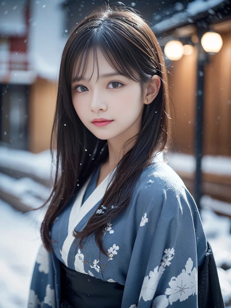 (Kimono)、(Light makeup)、(top-quality,masterpiece:1.3,超A high resolution,),(ultra-detailliert,Caustics),(Photorealsitic:1.4,RAW shooting,)Ultra-realistic capture,(32k,high detal,high-detail、masterpiece,Attention to detail,full body Esbian,独奏,Lori:1.6),Raw photo & realistic atmosphere,beautiful dark blue eyes,Detailed mouth,Glossy lips,Detailed eyebrows,Eyes drawn in detail with soft white skin that shines with every detail)、、 (Skin texture is natural、、The skin looks healthy with an even tone、 Use natural light and color,One Woman,japanes,,kawaii,A dark-haired,Middle hair,(depth of fields、chromatic abberation、、Wide range of lighting、Natural Shading、)、、(Exterior light at night:1.4)、(Falling snow:1.2)、(Hair swaying in the wind:1)、(Snow reflects light:1.3)