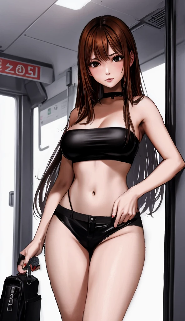 A beautiful adult woman with long, shoulder-length hair, big breasts, beautiful legs, and a sharp face is wearing a black tube top that exposes her navel and hot pants that look like black panties, and is standing in front of a middle-aged man in a suit on the train. I&#39;m standing there provoking。